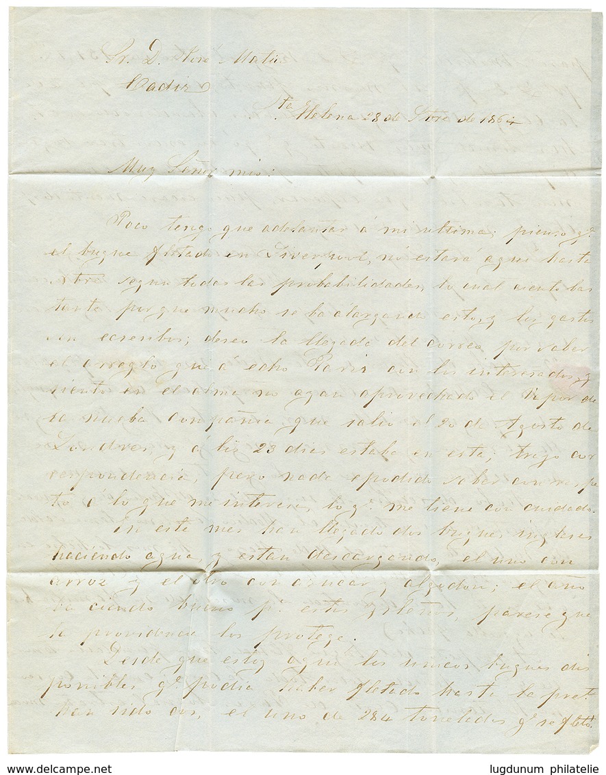 748 STE HELENA To SPAIN : 1864 Oval Datestamp ST HELENA In Blue + "1/4" Tax Marking + LONDON + CADIZ FRANCO On Entire Le - St. Helena