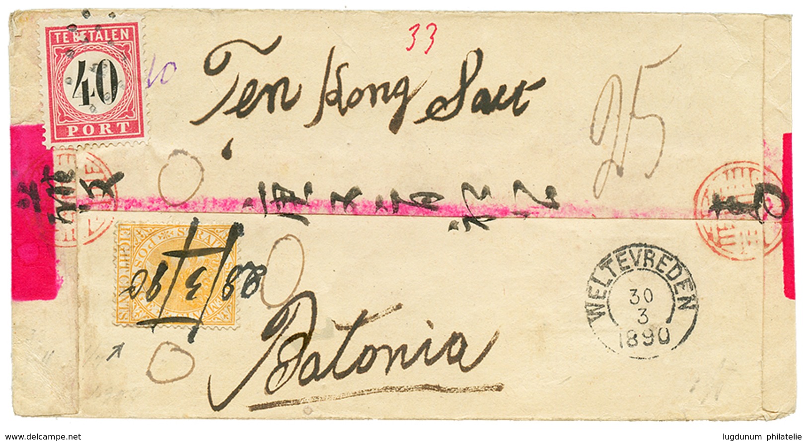 749 1890 STRAITS SETTLEMENTS 8c Pen Cancel "28/3/90" + "25" Tax Marking + NETHERLAND INDIES 40c POSTAGE DUE On Envelope  - Straits Settlements