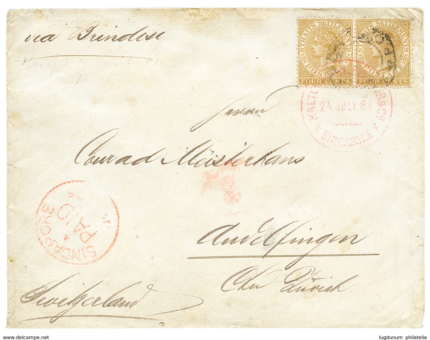 750 STRAITS SETTLEMENTS : 1884 4c(x2) + SINGAPORE PAID On Envelope To SWITZERLAND. Vf. - Straits Settlements