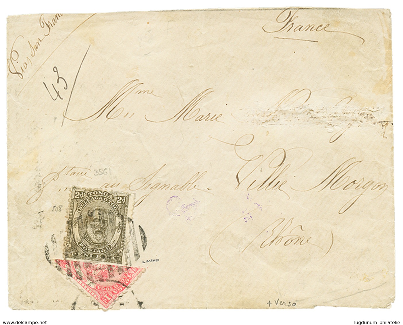 751 TONGA : 1893 Bisect 1d + 2d Canc. On Envelope (name Erased) To FRANCE. Verso, 2 Strike Of The German Cachet Of APIA  - Tonga (...-1970)