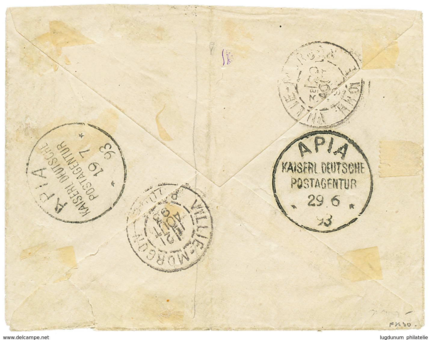 751 TONGA : 1893 Bisect 1d + 2d Canc. On Envelope (name Erased) To FRANCE. Verso, 2 Strike Of The German Cachet Of APIA  - Tonga (...-1970)