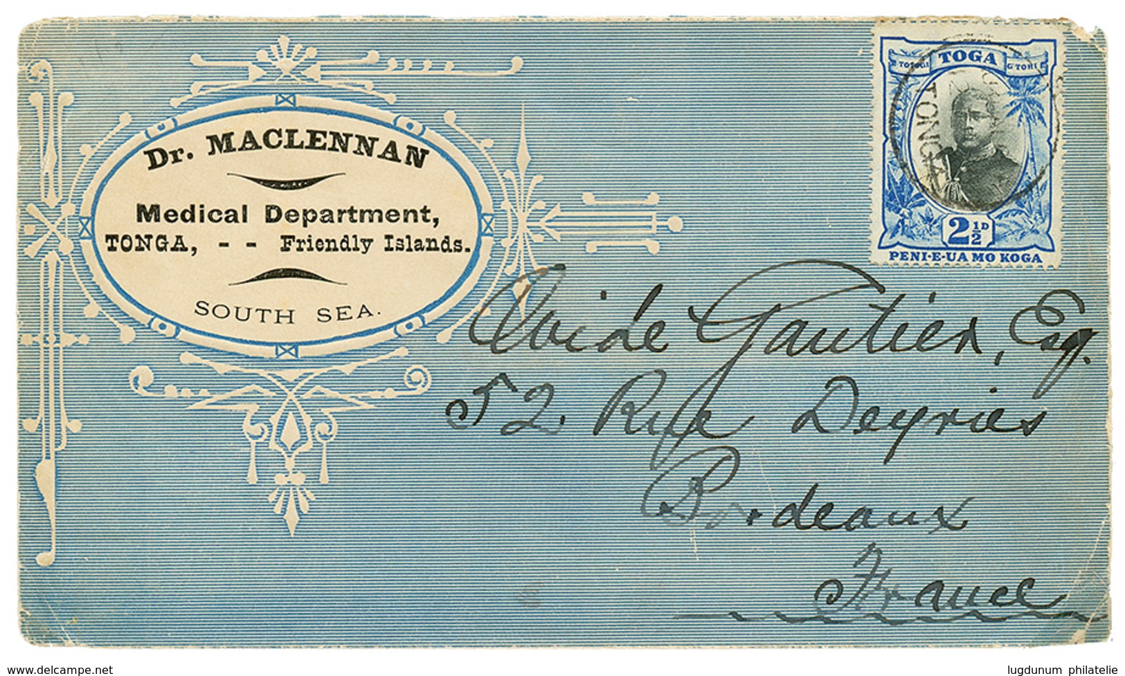 752 "TONGA MEDICAL DEPARTMENT" 1893 2 1/2d Canc. TONGA On Superb Illustrated Envelope "Dr. MACLENNAN / MEDICAL DEPARTMEN - Tonga (...-1970)