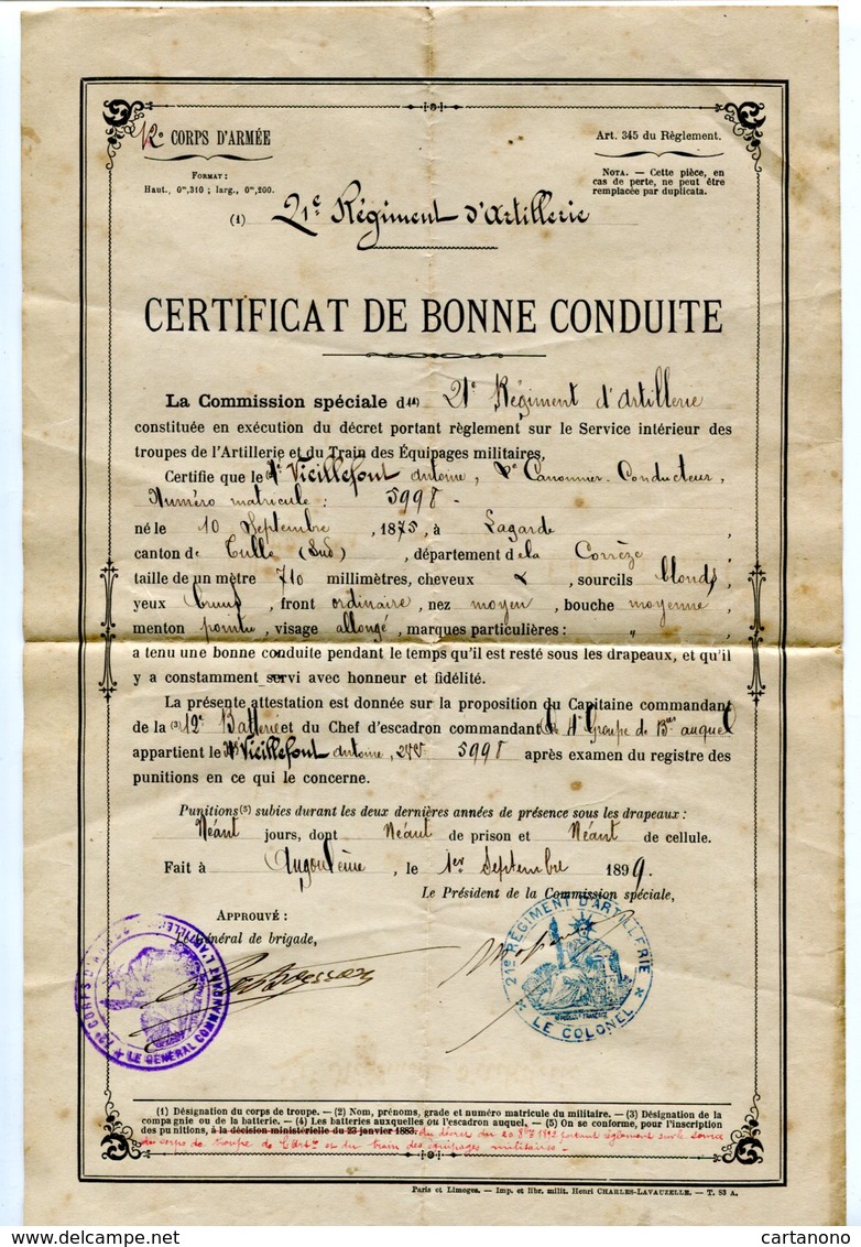 21e Régiment D'Artillerie - CERTIFICAT DE BONNE CONDUITE - Angoulême 1899 - Documents