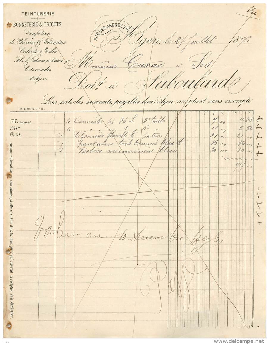 FACTURE LABOULARDE - AGEN - BONNETERIE ET TRICOTS - 1800 – 1899