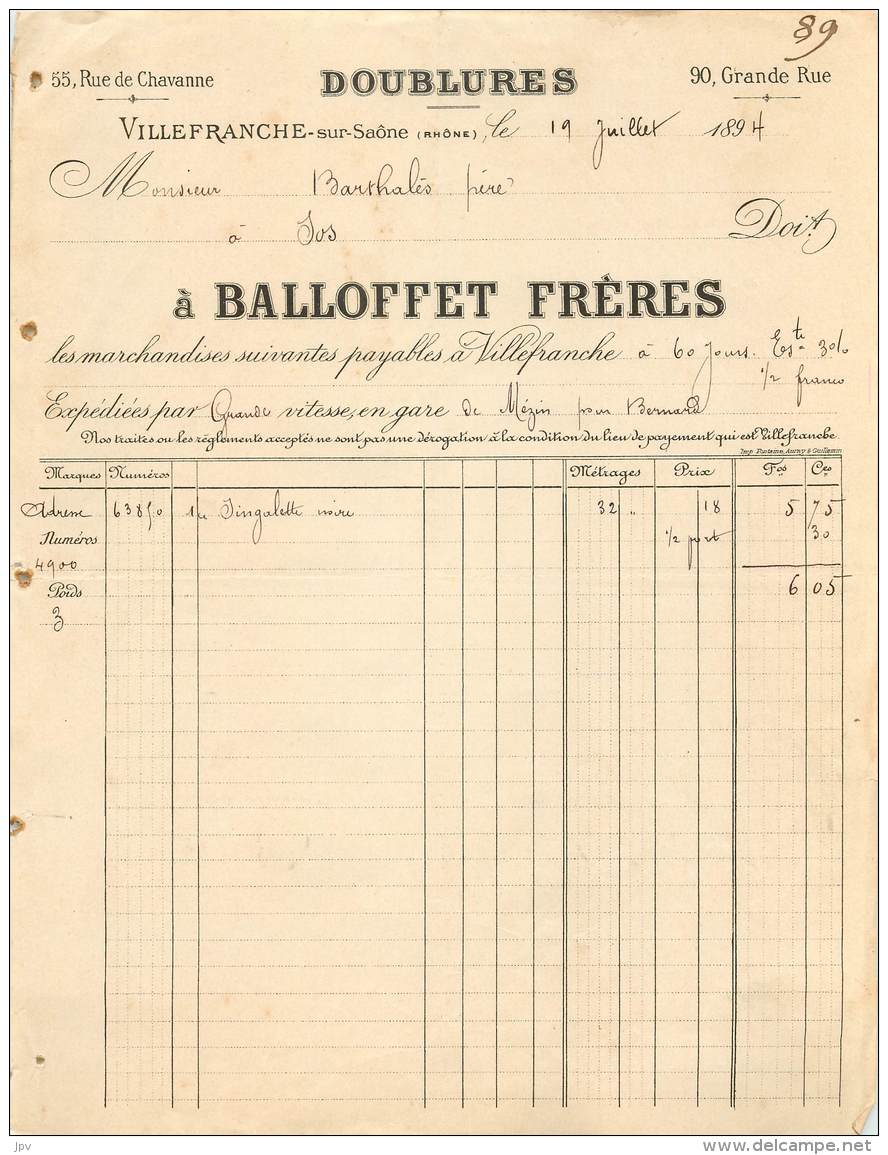 FACTURE BALLOFFET FRERES - VILLEFRANCHE SUR SAONE - DOUBLURES - 1800 – 1899