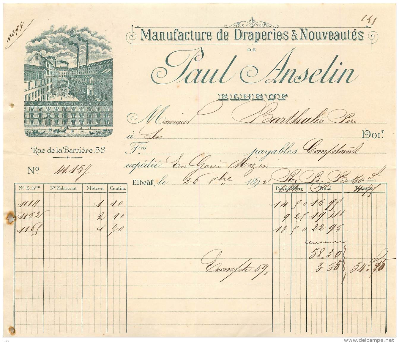 FACTURE PAUL ANSELIN - ELBEUF - MANUFACTURE DE DRAPERIES ET NOUVEAUTES - 1800 – 1899