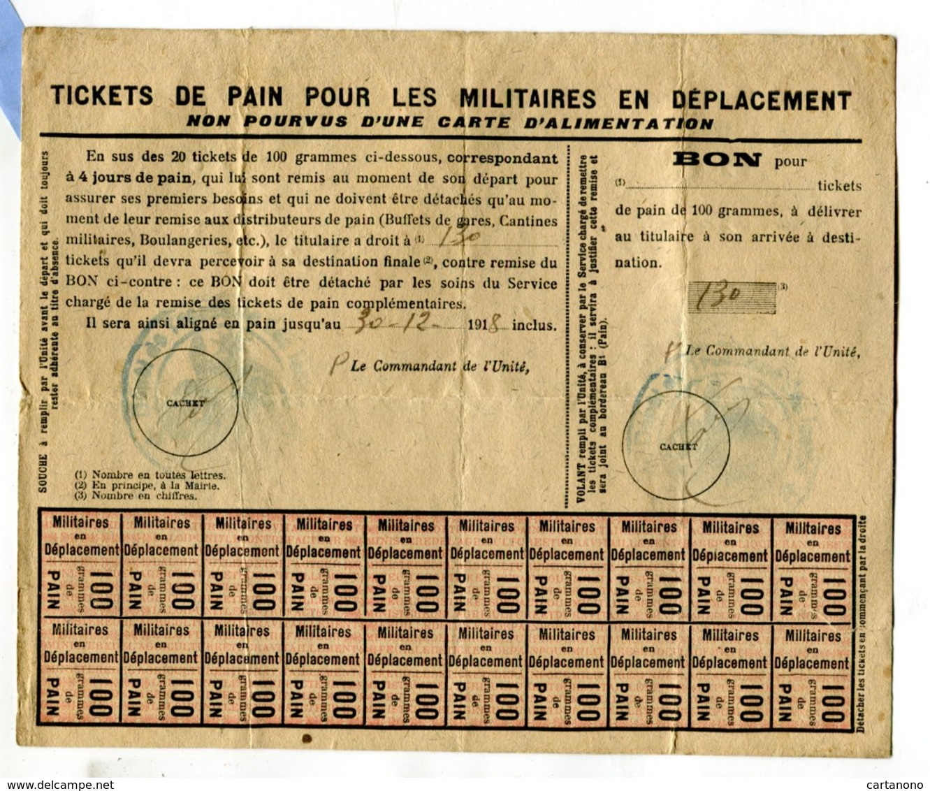 Feuille Complète De Tickets De Pain Pour Les Militaires En Déplacement Non Pourvus D'une Carte D'alimentation 1918 - Documents Historiques