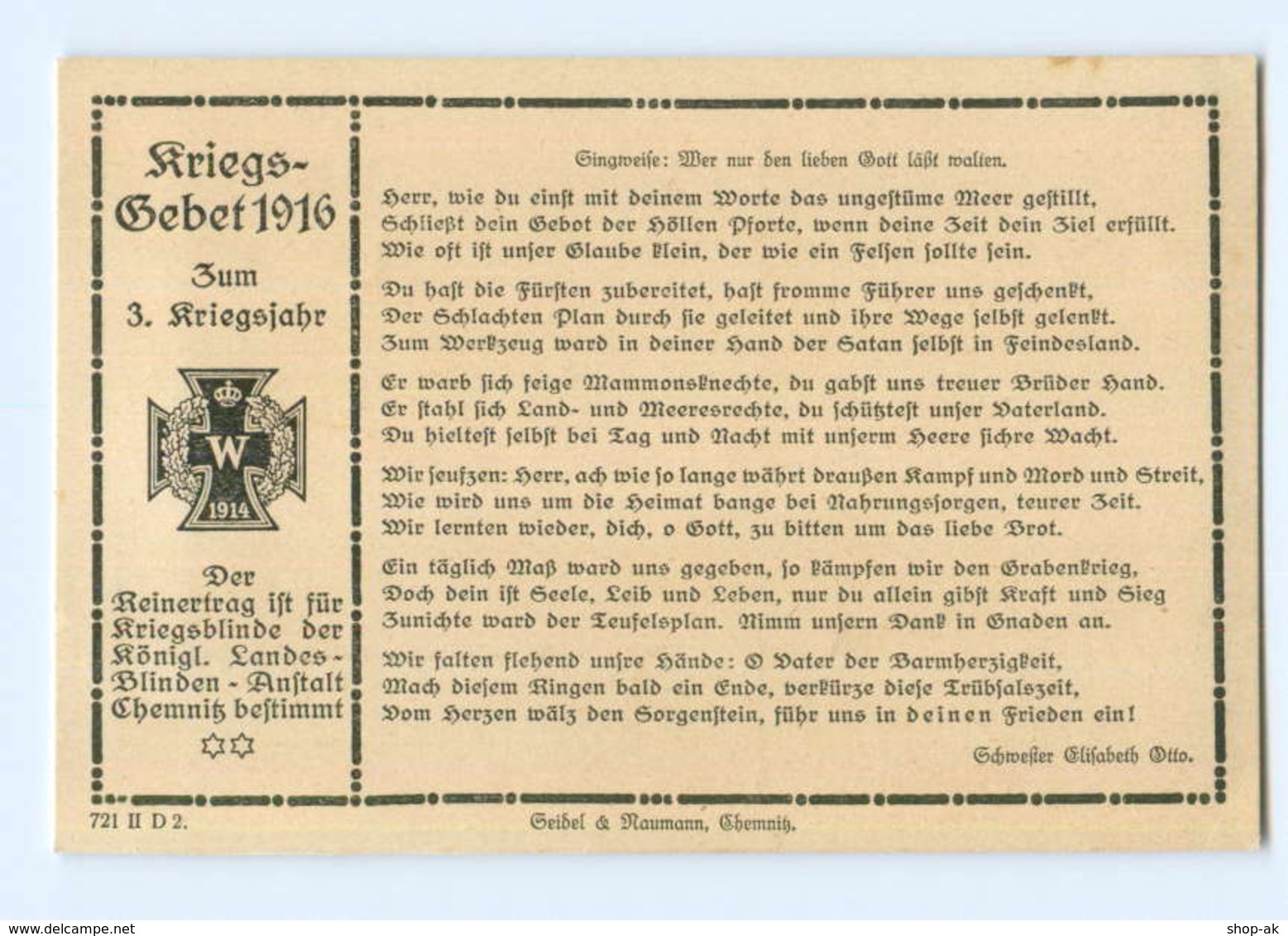 Y9346/ Kriegsgebet 1916 Erlös An Blinden-Anstalt Chemnitz,  1. Weltkrieg AK  - Weltkrieg 1914-18