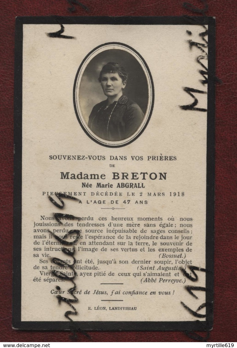 Faire-part De Décès - (1918) Memento Madame Breton Née Marie Abgrall - Décès