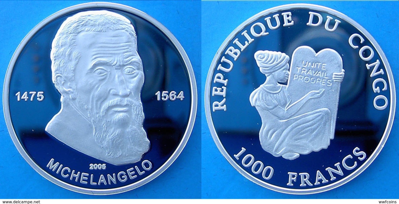 CONGO 1000 F 2005 ARGENTO PROOF 999 SILVER MICHELANGELO FAMOUS PERSONALITY PESO 15g TITOLO 0,999 CONSERVAZIONE FONDO SPE - Congo (Repubblica Democratica 1998)