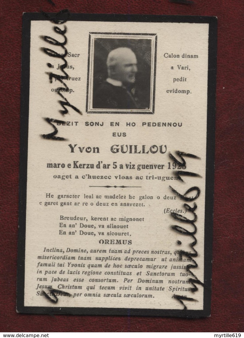 Faire-part De Décès - (1925) Memento Yvon Guillou - Ecrit En Breton - Obituary Notices