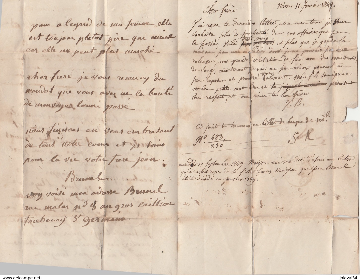 Lettre  Cachet PARIS E 1849 Taxe Manuscrite  Pour Nimes Gard - 1849-1876: Periodo Classico