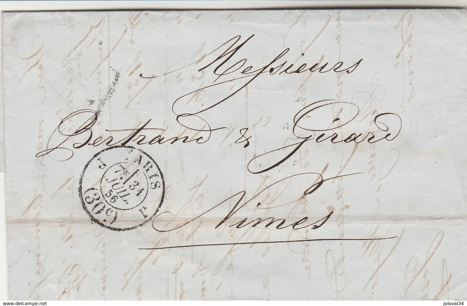 Lettre Cachet PARIS J 31/7/1856 Taxe 30c  Pour Nimes Gard Verso Ambulant - 1849-1876: Classic Period