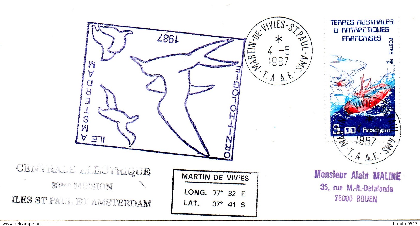 TAAF. Enveloppe Ayant Circulé En 1987. Mission Amsterdam/Ornithologie/Etude De L'atmosphère. - Research Programs