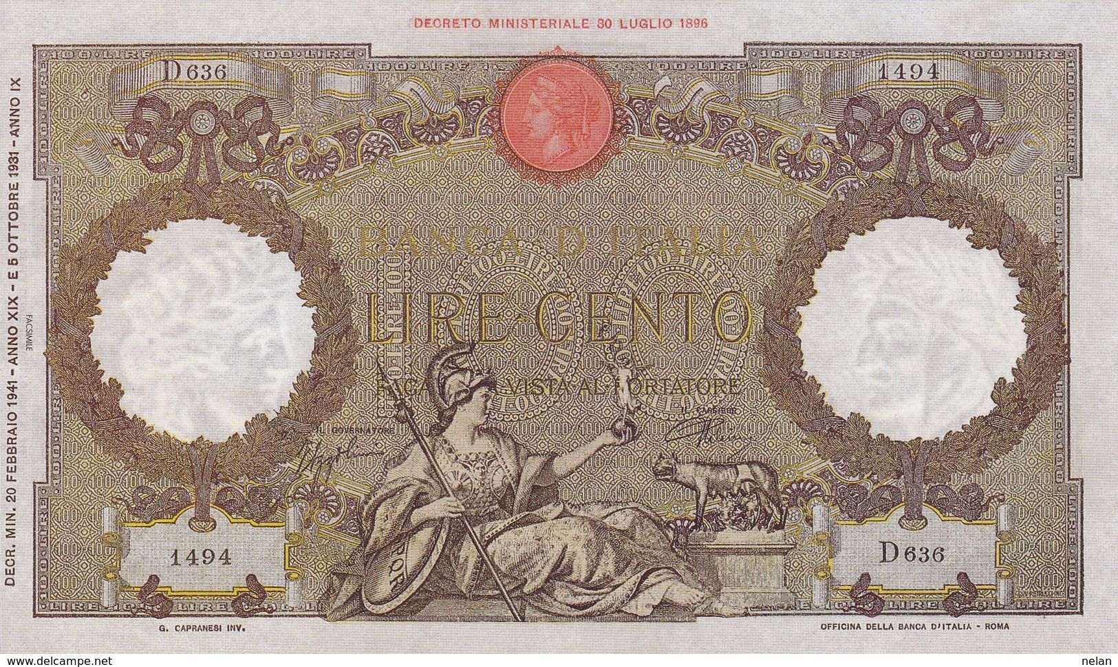 BANCA D ITALIA-100 LIRE -UNC-FDS-COPY-RIPRODUZIONE - 100 Liras