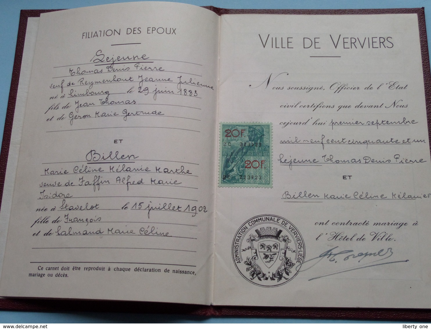 Carnet De MARIAGE Ville De VERVIERS Etat Civil ( LEJEUNE T. 1883 & BILLEN M. 1902 ) 1/9/1951 ( Details Zie Foto ) ! - Non Classés