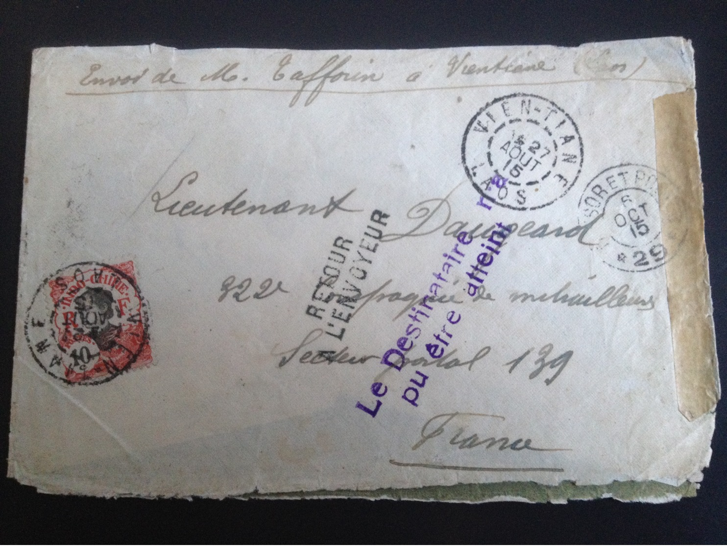 Enveloppe 6/10/1915 Retour A L'envoyeur - Laos-Cochichine-france Pour Lieutenant - Weltkrieg 1914-18