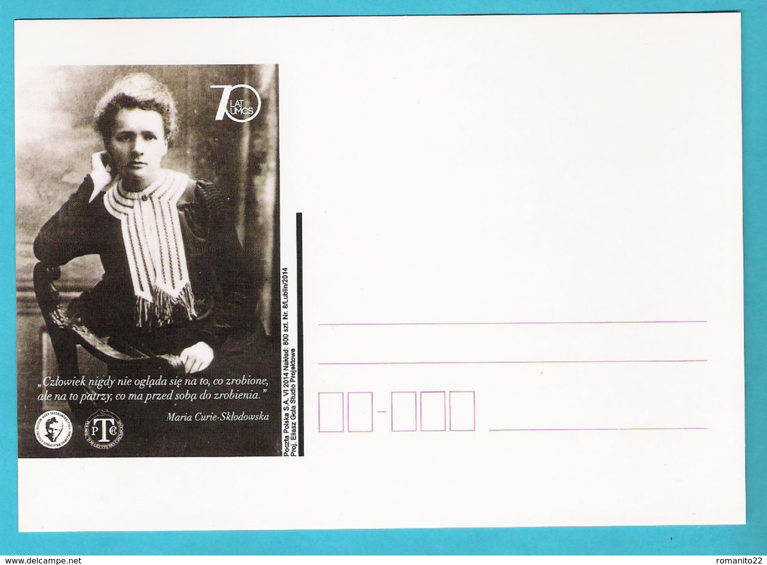 Poland 2014,  Postcard ,  M. Curie,  Science  Nobel Prize Prix, Chemistry, Physics, Medal - Scheikunde