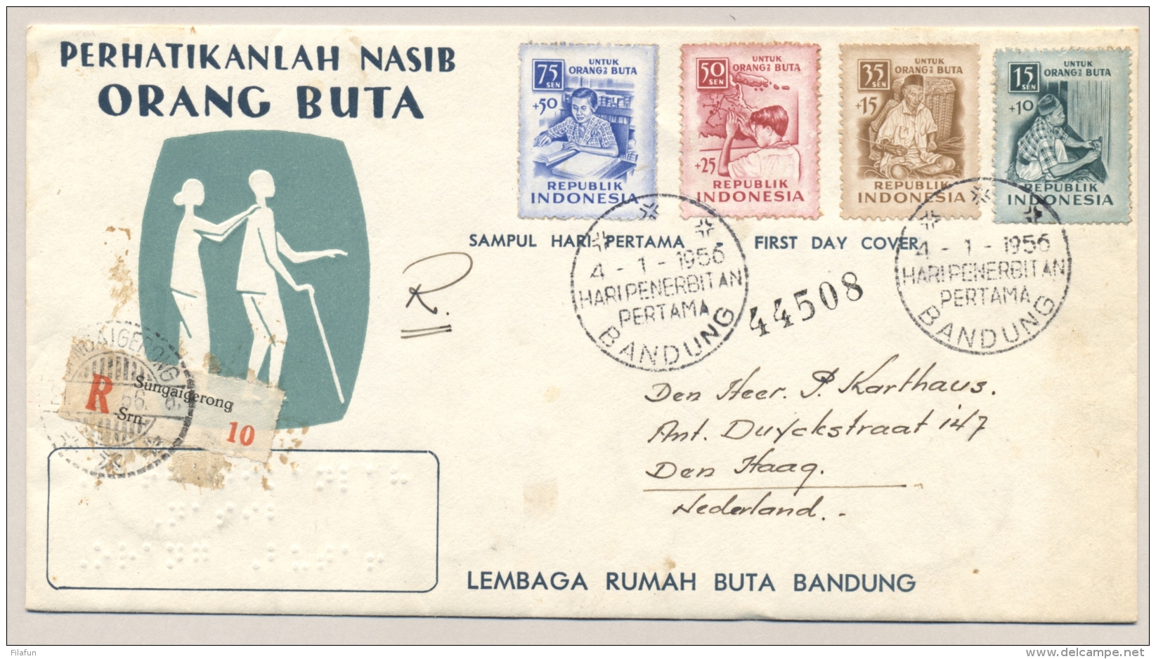 Indonesia - 1956 - 10 Stamps With Blind / Braille On R-cover From Sungaigerong To Den Haag / Nederland - Indonesië
