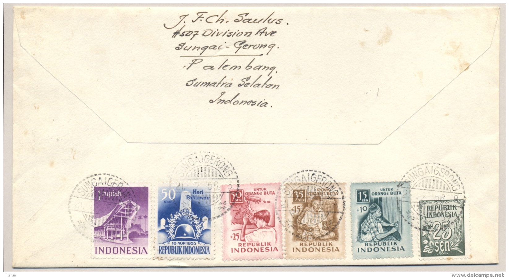 Indonesia - 1956 - 10 Stamps With Blind / Braille On R-cover From Sungaigerong To Den Haag / Nederland - Indonesië