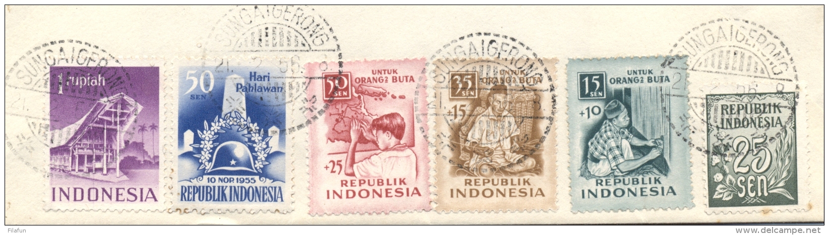 Indonesia - 1956 - 10 Stamps With Blind / Braille On R-cover From Sungaigerong To Den Haag / Nederland - Indonesië