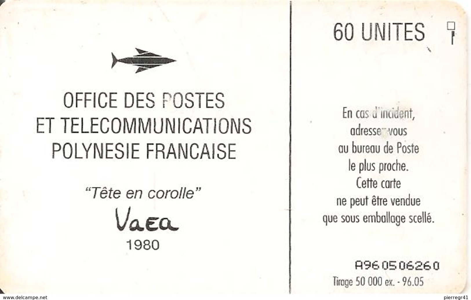 CARTE°-PUCE-POLYNESIE-PF-29A-60U-GEMA-05/96-La TETE En COROLLE II-R° MAT-UTILISE-BE-RARE - French Polynesia