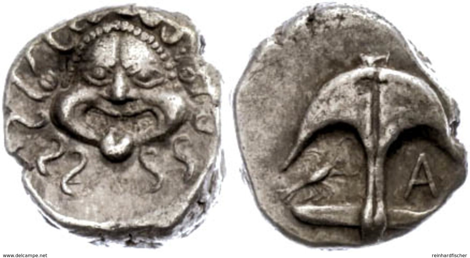 32 Apollonia Pontica, Drachme (3,32g), Ca. 5./4. Jhd. V. Chr.. Av: Gorgoneion. Rev: Anker, Links Krebs, Rechts "A". SNG  - Autres & Non Classés