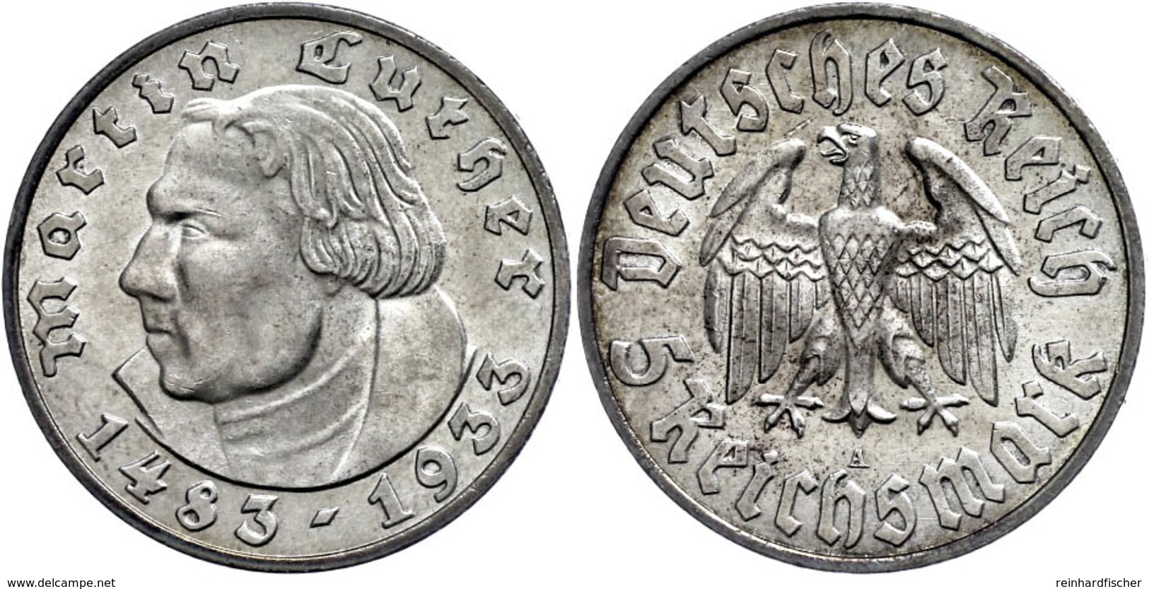 1089 5 Reichsmark, 1933, A, Martin Luther, Wz. Rf., Vz+., Katalog: J. 353 - Autres & Non Classés