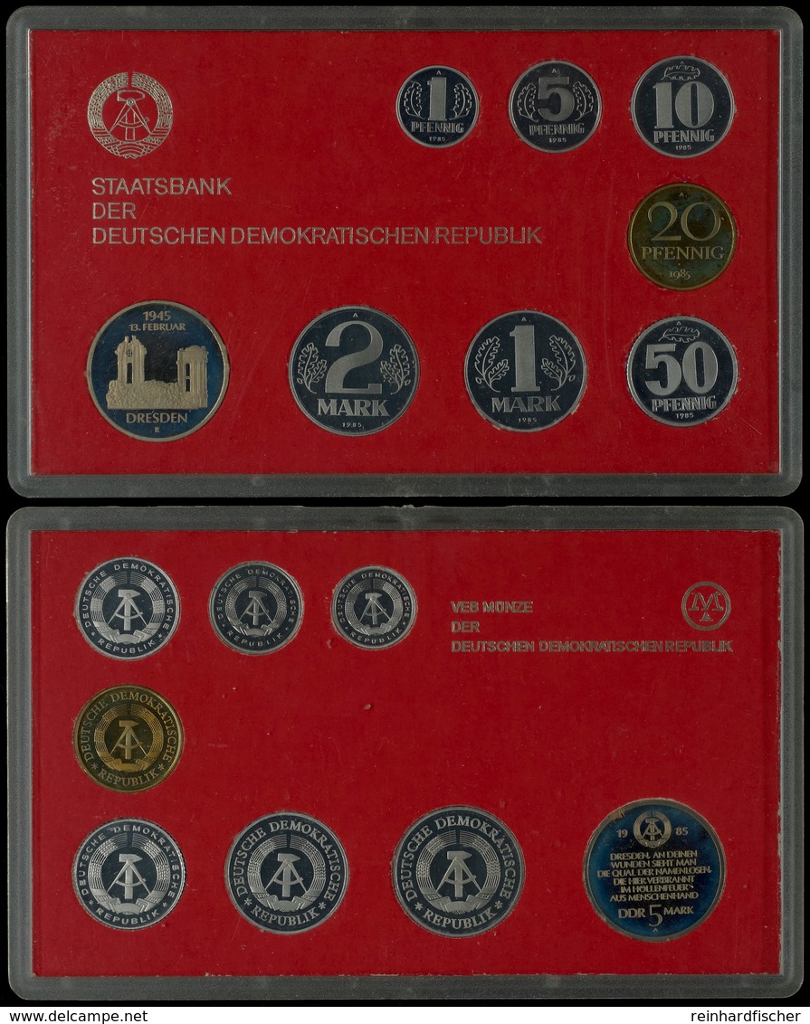 1284 1 Pfennig Bis 5 Mark, 1985, KMS, 8 Münzen, 5 Mark Frauenkirche Dresden, In Hartplastik, PP.  PP - Mint Sets & Proof Sets