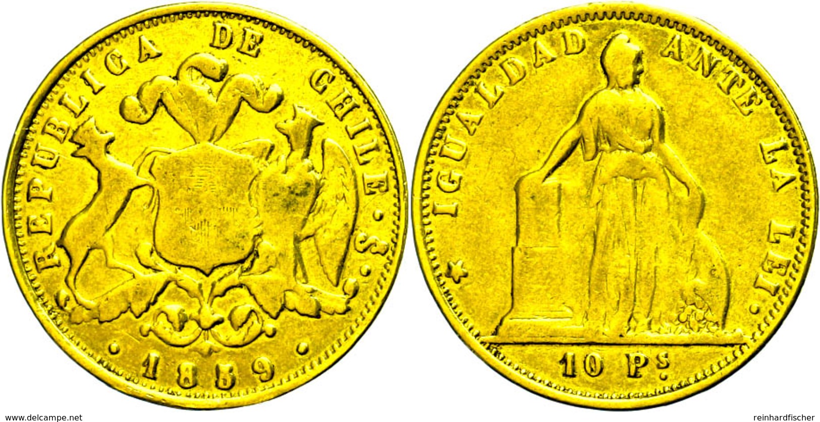 1358 10 Pesos, Gold, 1859, Fb. 45, Fassungsspuren/Rand Bearbeitet, S.  S - Chile