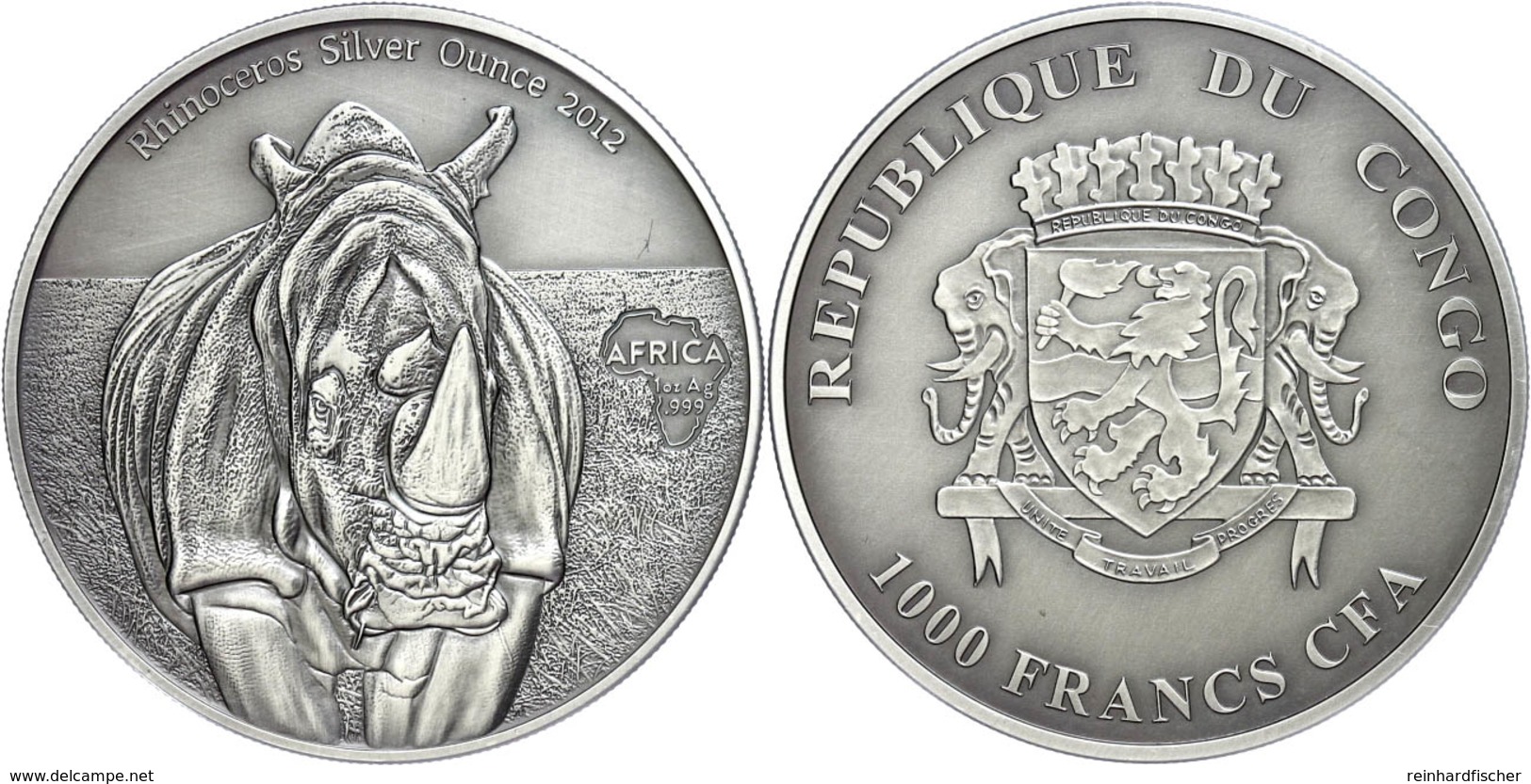 1656 1.000 Francs, 2012, Afrika - Nashorn, 1 Unze Silber, Antik Finish, In Kapsel Mit Zertifikat, St Auflage Nur 2.000 S - Congo (Democratic Republic 1964-70)