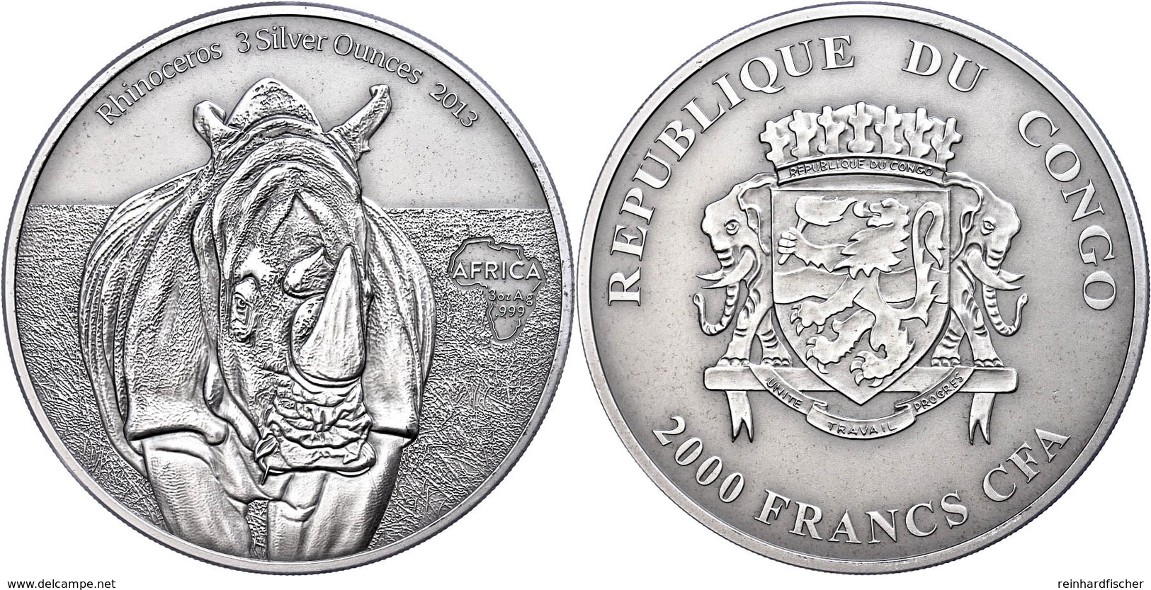 1660 2.000 Francs, 2013, Africa - Nashorn, 3 Unzen Silber, Antik Finish, In Kapsel Mit Zertifikat, St. Auflage Nur 500 S - Congo (Democratic Republic 1964-70)