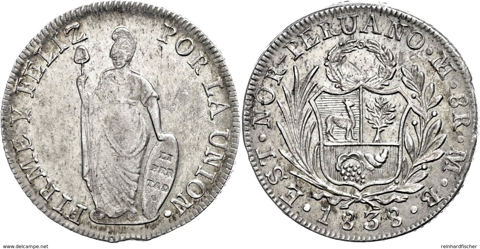 1839 8 Reales, 1838, MB, KM 155, Randfehler/Kratzer, Ss.  Ss - Peru