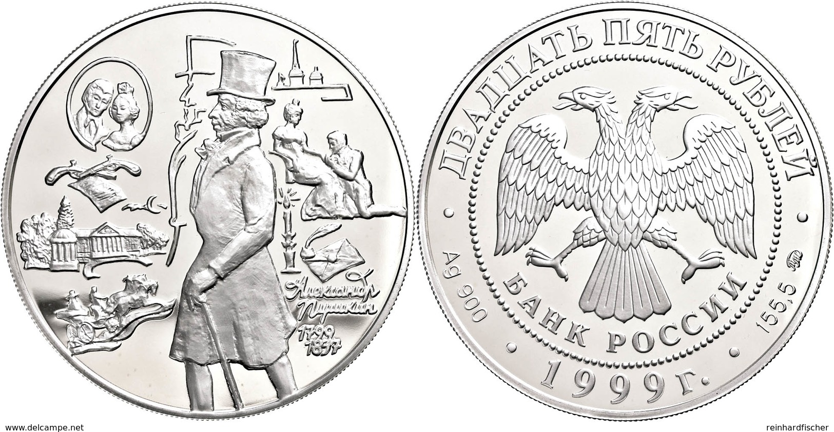 1912 25 Rubel, 1999, 200. Geburtstag Von Alexander Puschkin, 5 Unzen Silber, Parchimowicz 1441, In Kapsel, PP.  PP - Russia