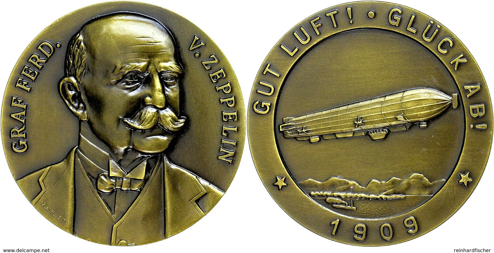 2487 Zeppelin, Bronzemedaille (49 Mm, 60,1 G), 1909, Von M. & W. ST., Graf Ferdinand Von Zeppelin, Av: Brustbild, Rev: Z - Autres & Non Classés