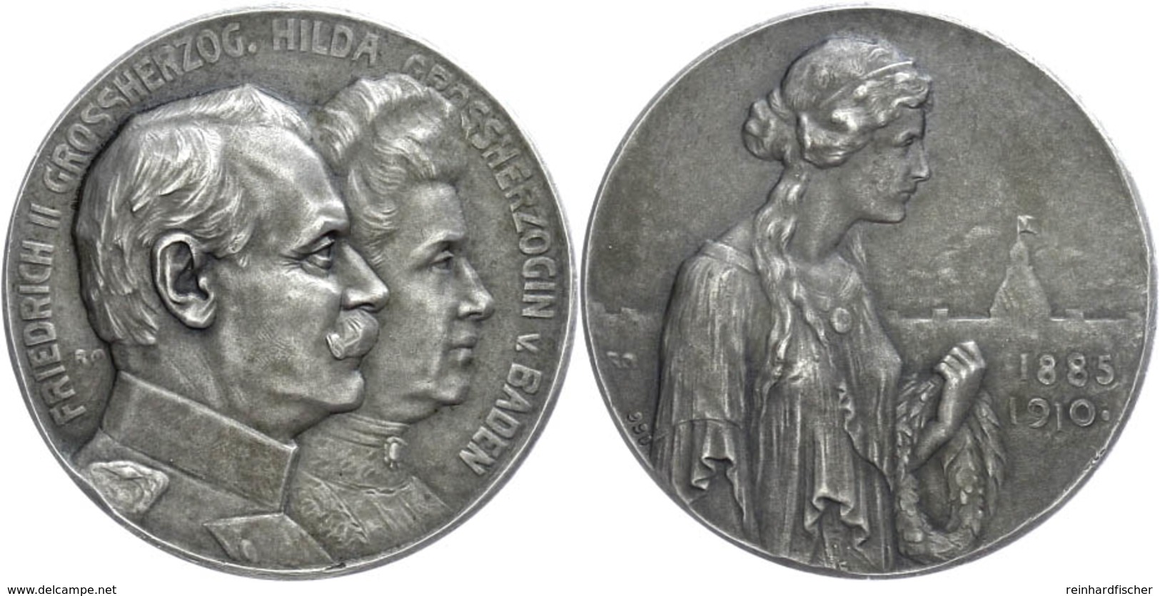 2489 Baden, Silbermedaille (28,9 Mm, 8,8 G), 1910, Von RM, Zur Silbernen Hochzeit Von Friedrich II. Und Seiner Gattin Hi - Other & Unclassified
