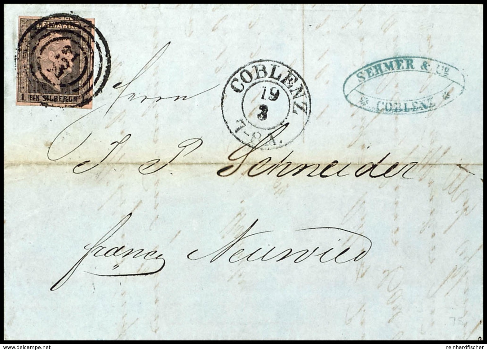 3796 "252" - Coblenz Sowie Nebengesetzter Orts-K2 "COBLENZ 19/3" (1852), Klar Auf Kabinettbrief Mit 1 Silbergroschenfran - Other & Unclassified