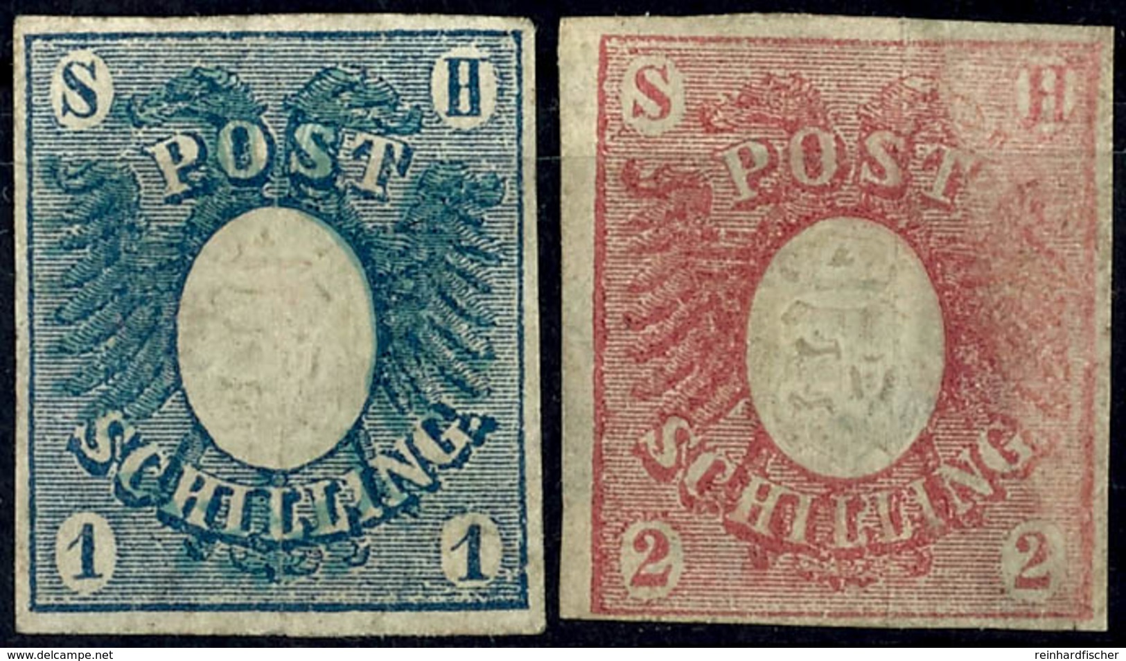 3814 1 Schilling Blau Und 2 Schilling Rosarot Sog. Post-Schillinge, Ungebraucht Ohne Gummierung, Beide Marken Vollrandig - Schleswig-Holstein