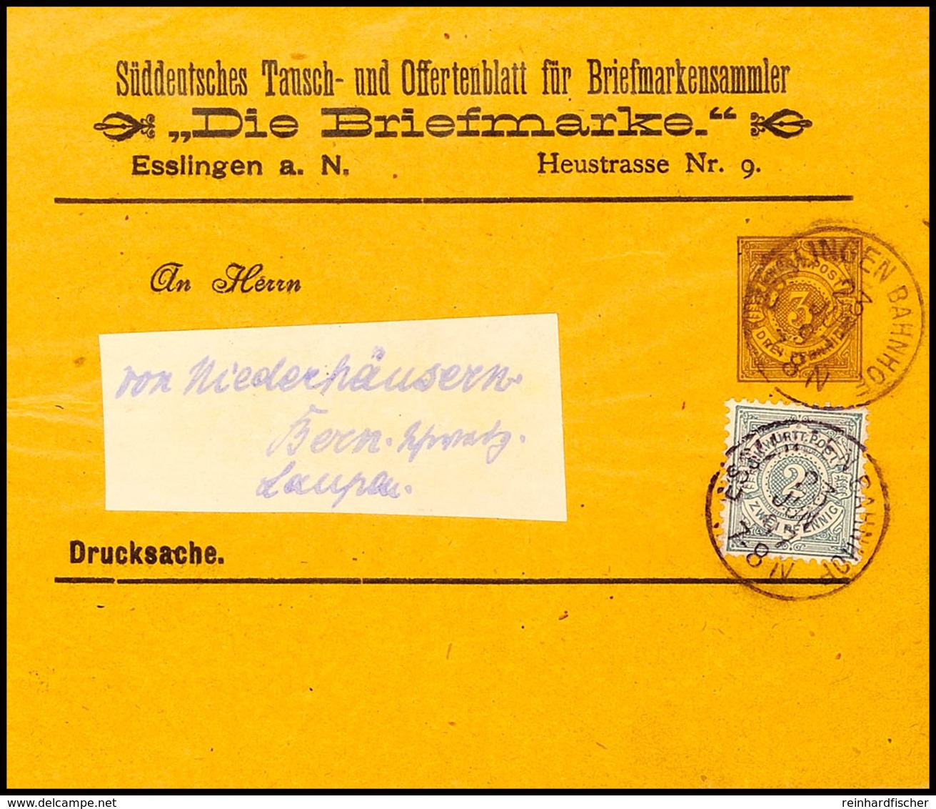 3906 1890, Streifband Auf Privatbestellung 3 Pfg Braun, "DIE BRIEFMARKE ESSLINGEN" Mit Zusatzfrankatur 2 Pfg Von "ESSLIN - Other & Unclassified