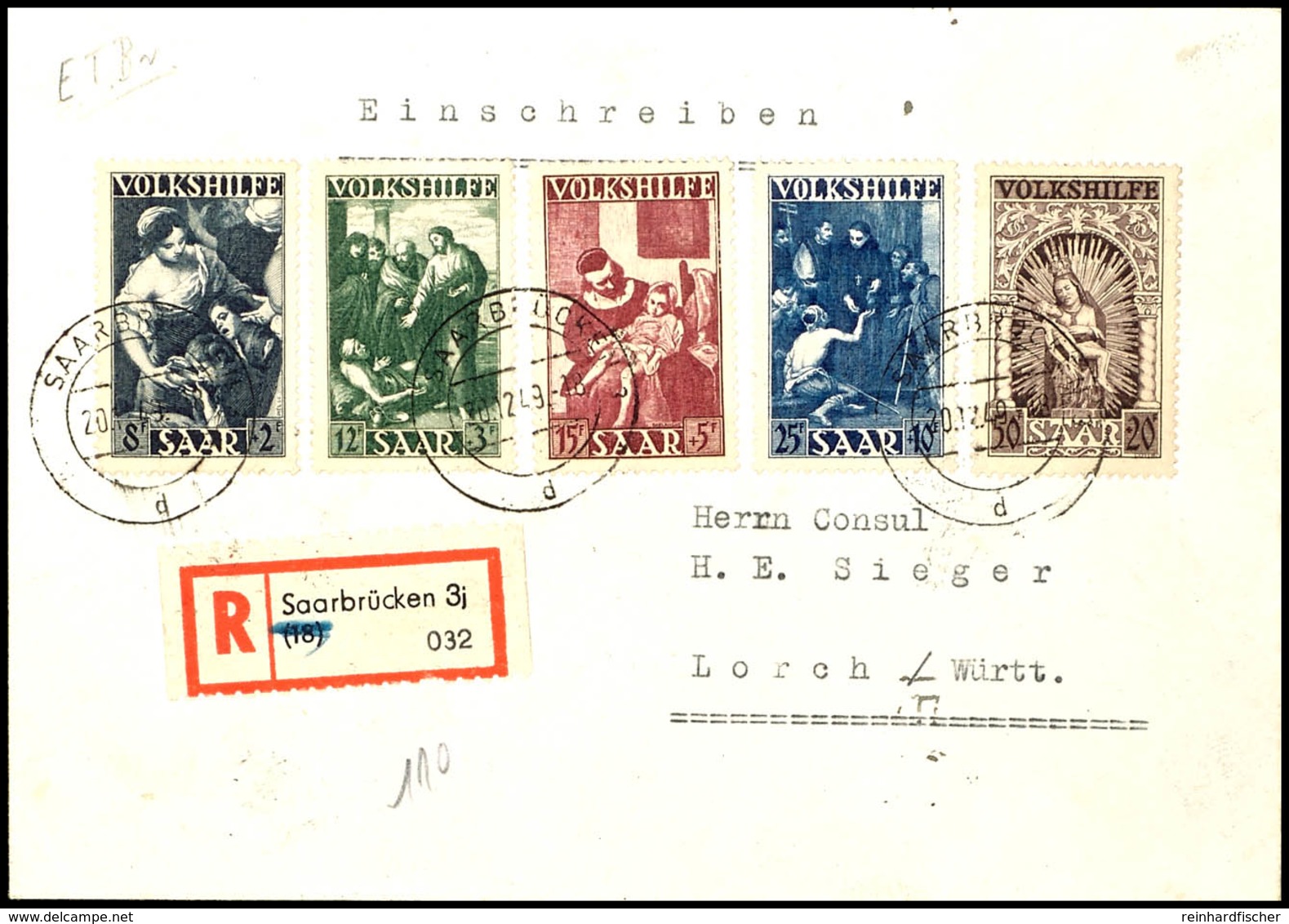 5319 8 Fr. Bis 50 Fr. Volkshilfe 1949, Ersttagsbrief Mit Entwertung "Saarbrücken 3 D 20.12.49", Fotoattest Hoffmann BPP  - Other & Unclassified