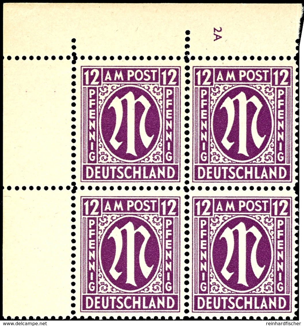 6789 12 Pfg AM-Post, Englischer Druck, Eckrand-4er-Block Mit Platten-Nr. "2A", Tadellos Postfrisch, Unsigniert, Mi. 424, - Other & Unclassified