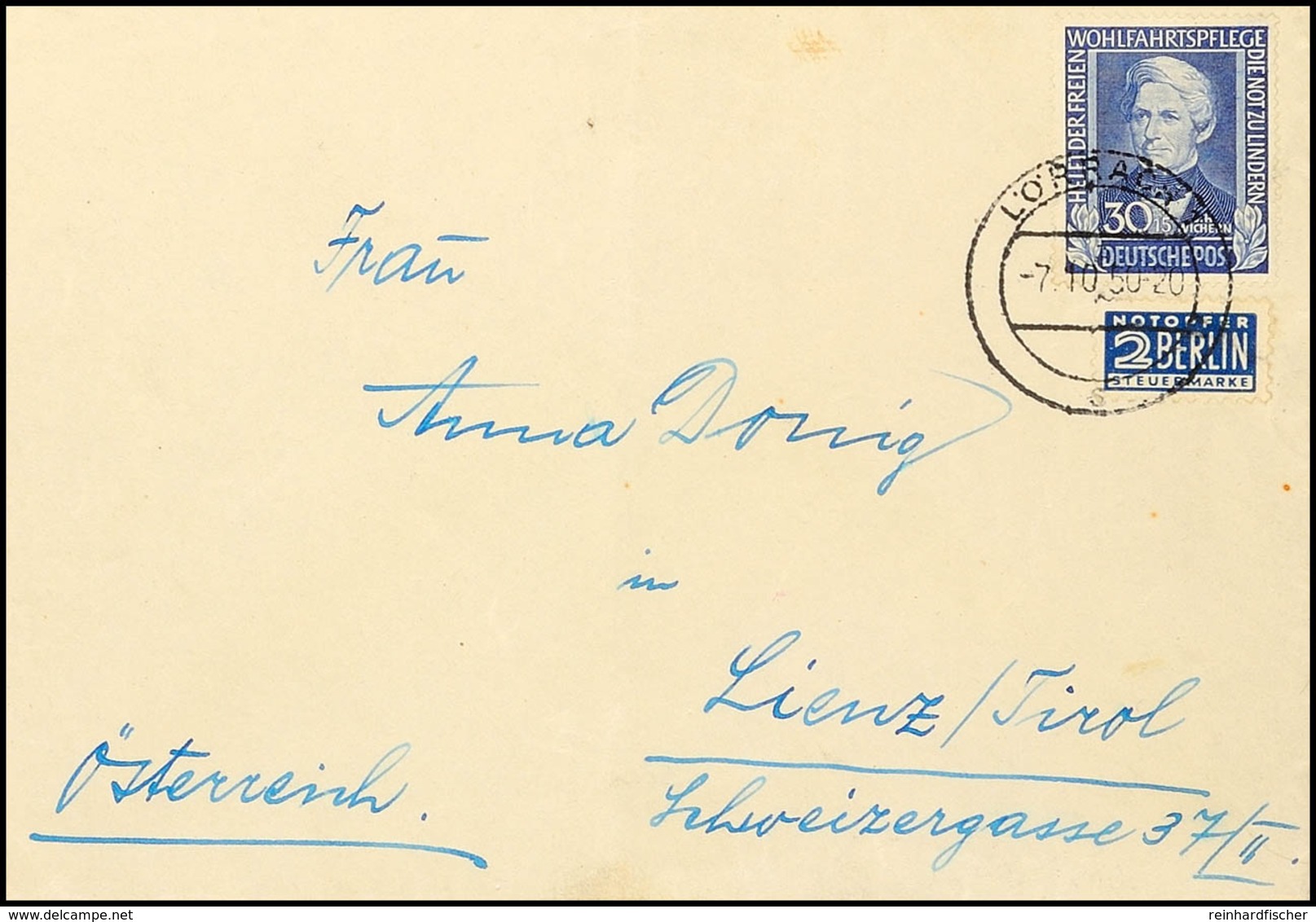 6930 30 Pf. Wohlfahrt 1949, Portorichtige Einzelfrankatur Auf Auslandsbrief Von "LÖRRACH 7.10.50" Nach Lienz, Mi. 250,-, - Other & Unclassified