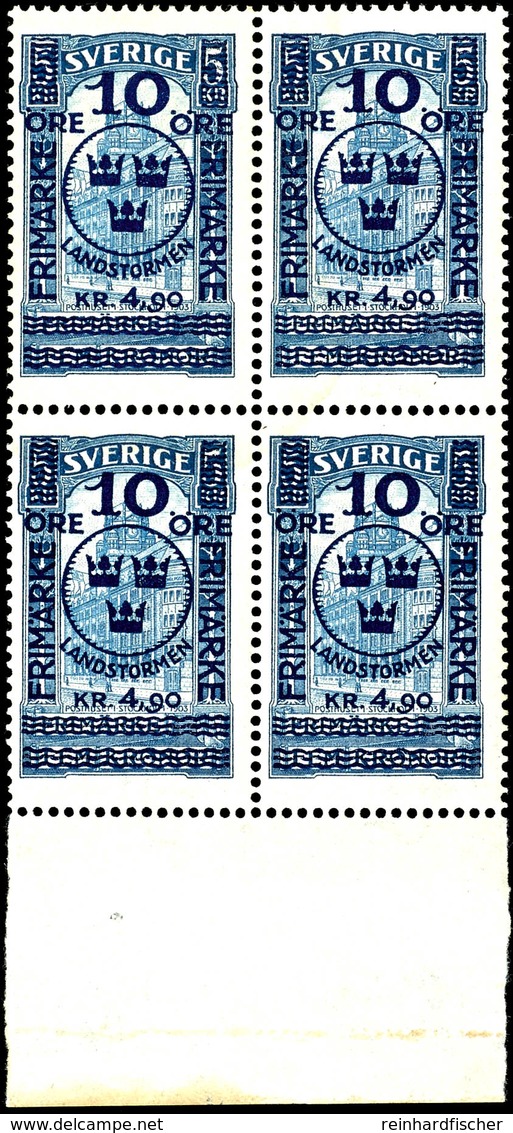 7253 1916, 10 Oere + 90 Kr. Auf 5 Kr. "Für Den Landsturm", Viererblock Vom Unterrand, Tadellos Postfrisch, Unsigniert, M - Sweden