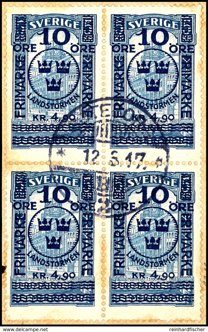 7255 1916, 10 Oere + 90 Kr. Auf 5 Kr. "Für Den Landsturm", Viererblock, Zentrisch Gestempelt Auf Briefstück, Mi. 1.440.- - Sweden