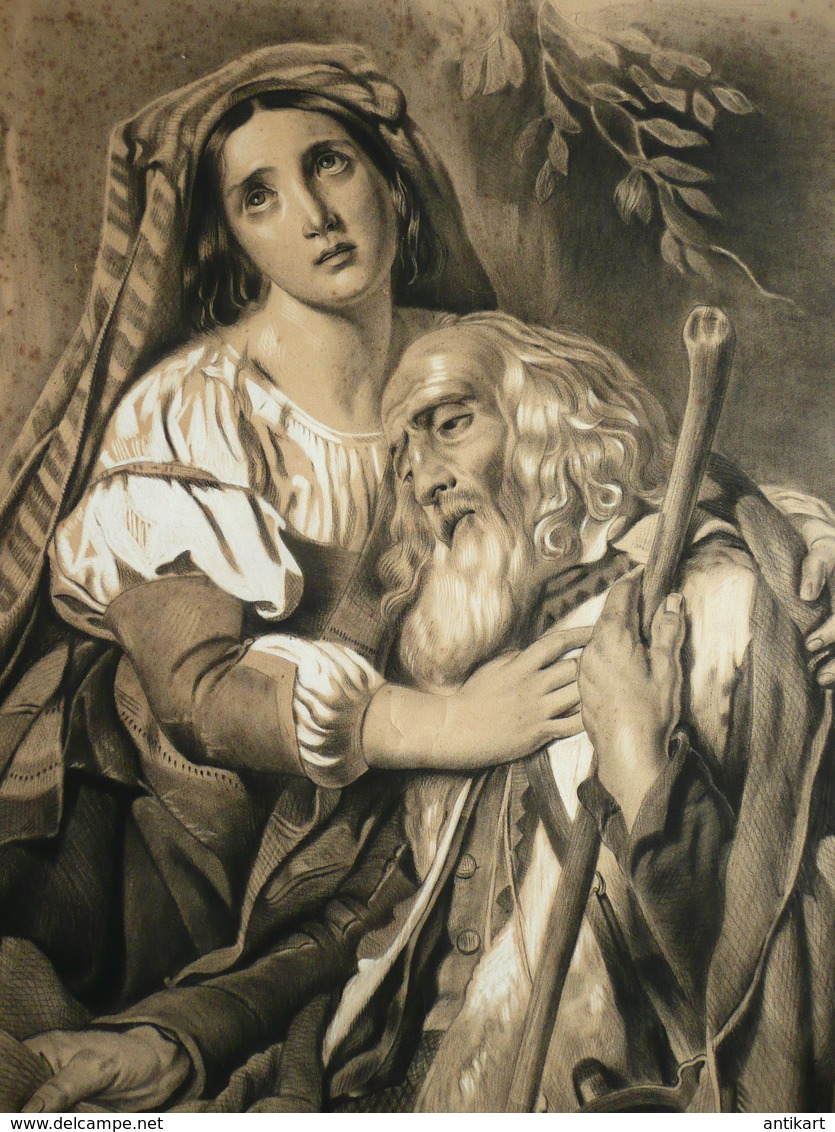 P. LEGRAND - Patriarche et sa fille - Pierre noire rehaussée de blanc 1869