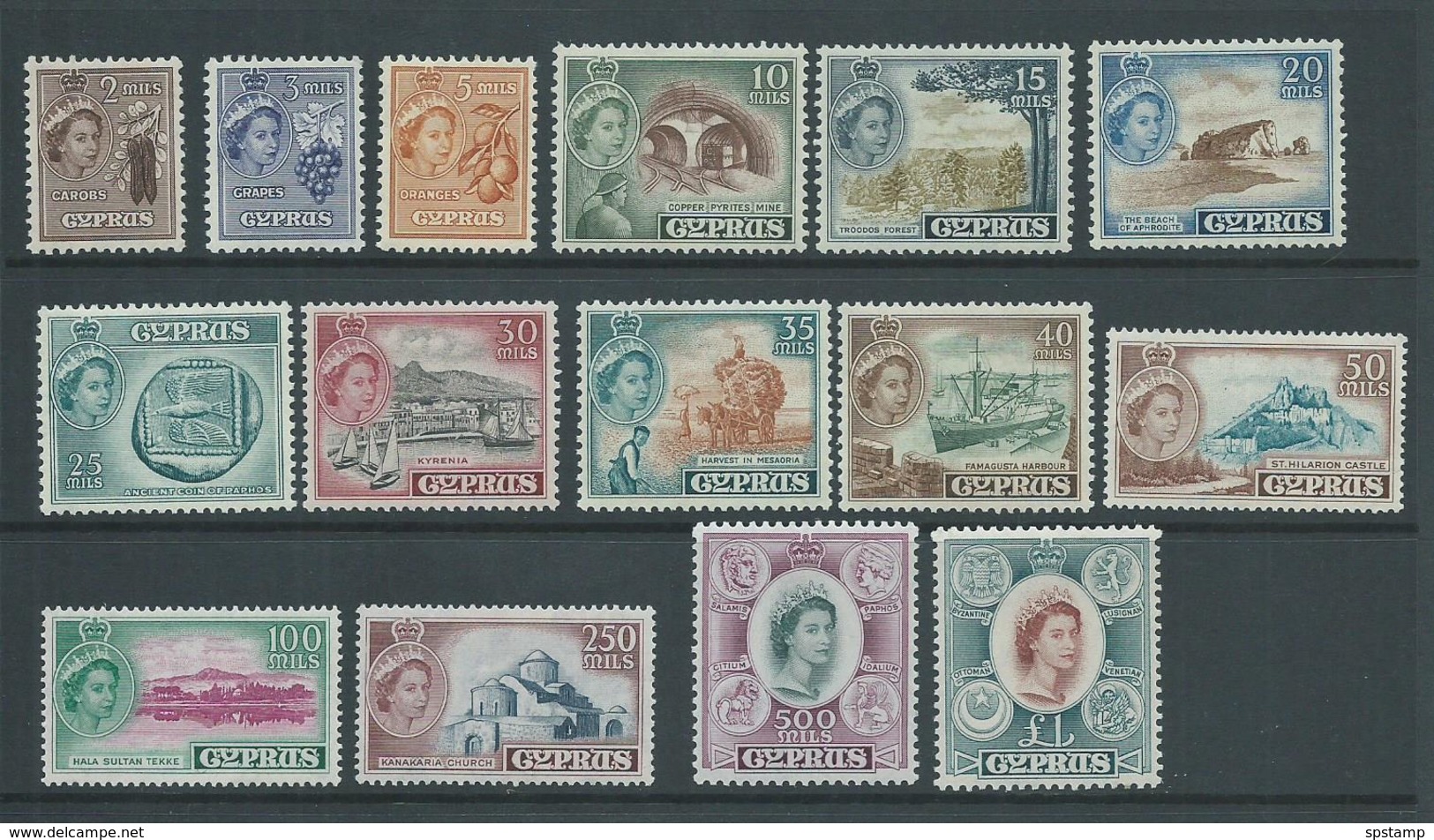 Cyprus 1955 QEII Definitives Set Of 15 Fresh MLH - Oblitérés