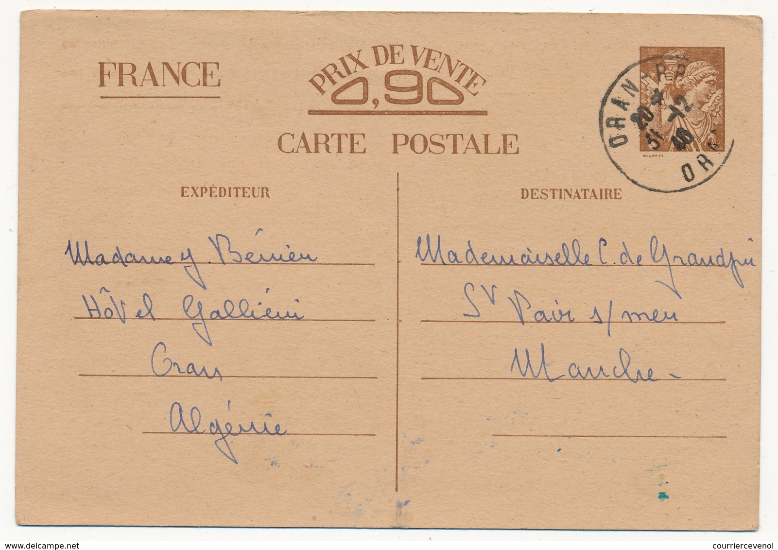 FRANCE / ALGERIE - CP Interzones Type Iris Depuis ORAN RP - 1940 - Standard Postcards & Stamped On Demand (before 1995)