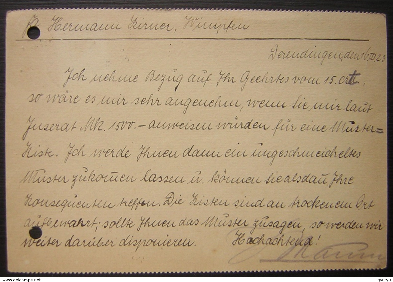 1923 Derendingen-Tübingen Josef Maurer Postkarte (deutsches Reich Allemagne) - Briefe U. Dokumente