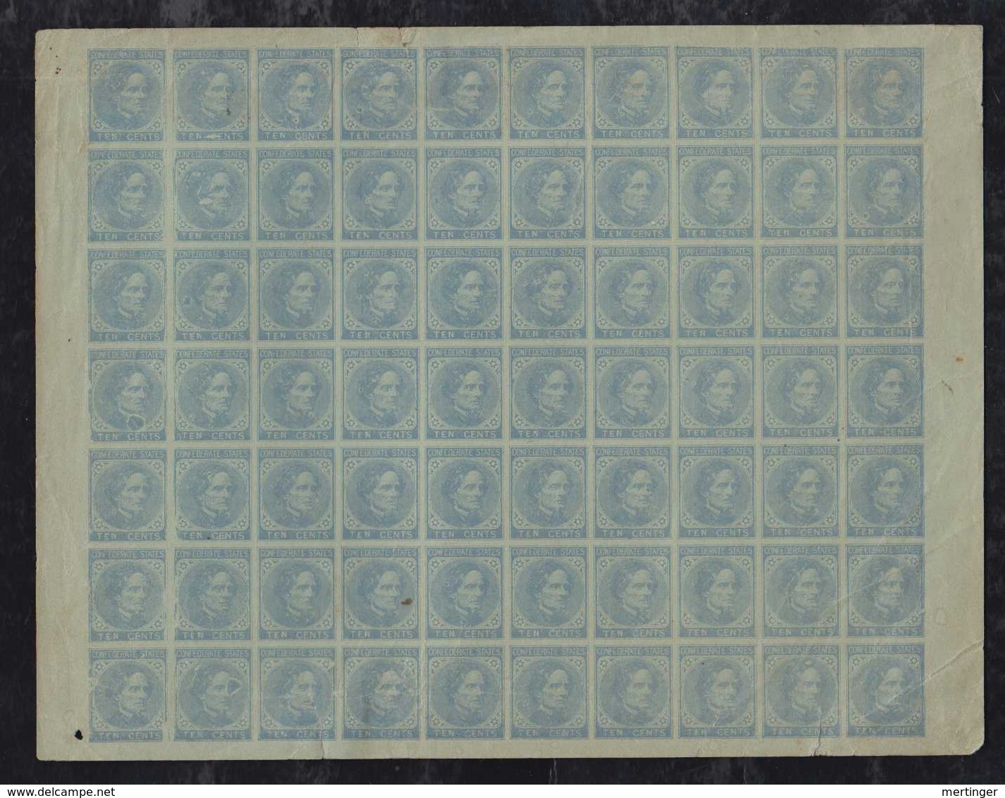 CSA Confederate States 10c Light Blue Reprint In Sheet Of 70 - 1861-65 Stati Confederati