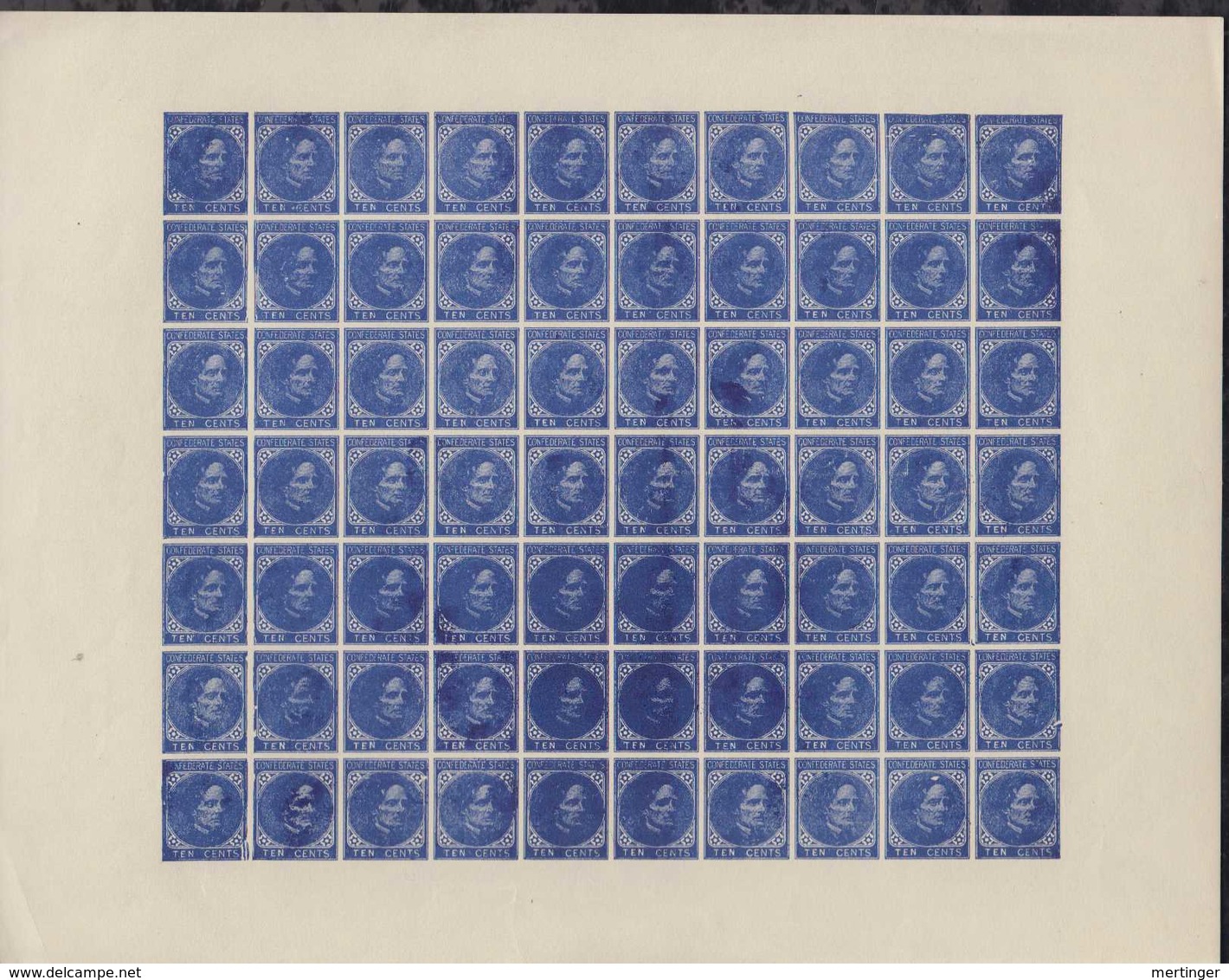 CSA Confederate States 10c Dark Blue Reprint In Sheet Of 70 - 1861-65 Confederate States